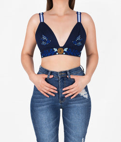 Ojo Embroidered Crop Top - Navy