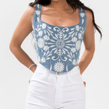 Plebita Embroidered Corset Top- Denim Blue