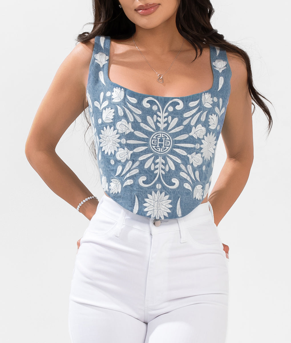 Plebita Embroidered Corset Top- Denim Blue