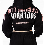 Pretty Girls Listen To Corridos Zip Up Crop Rhinestone Hoodie