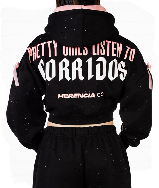 Pretty Girls Listen To Corridos Zip Up Crop Rhinestone Hoodie