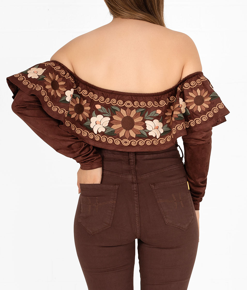 Paisana Embroidered Long Sleeve Bodysuit Holiday Edition- Brown