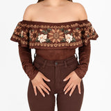 Paisana Embroidered Long Sleeve Bodysuit Holiday Edition- Brown