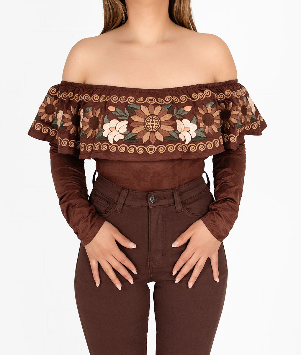 Paisana Embroidered Long Sleeve Bodysuit Holiday Edition- Brown