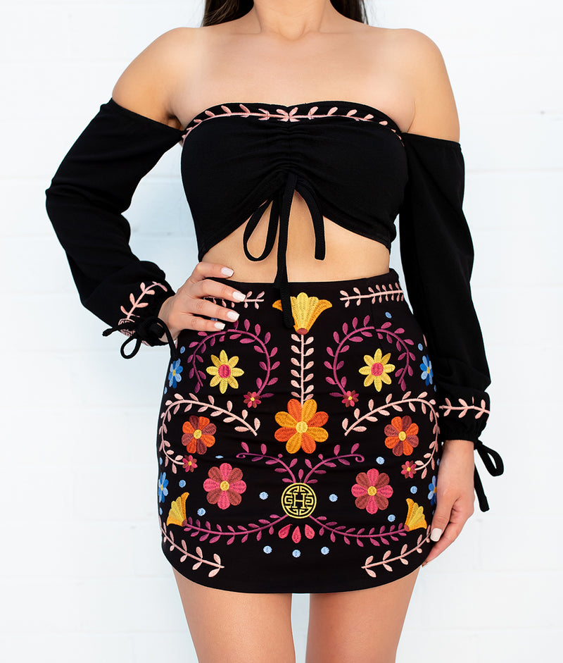State Catrina Black Embroidered Skirt